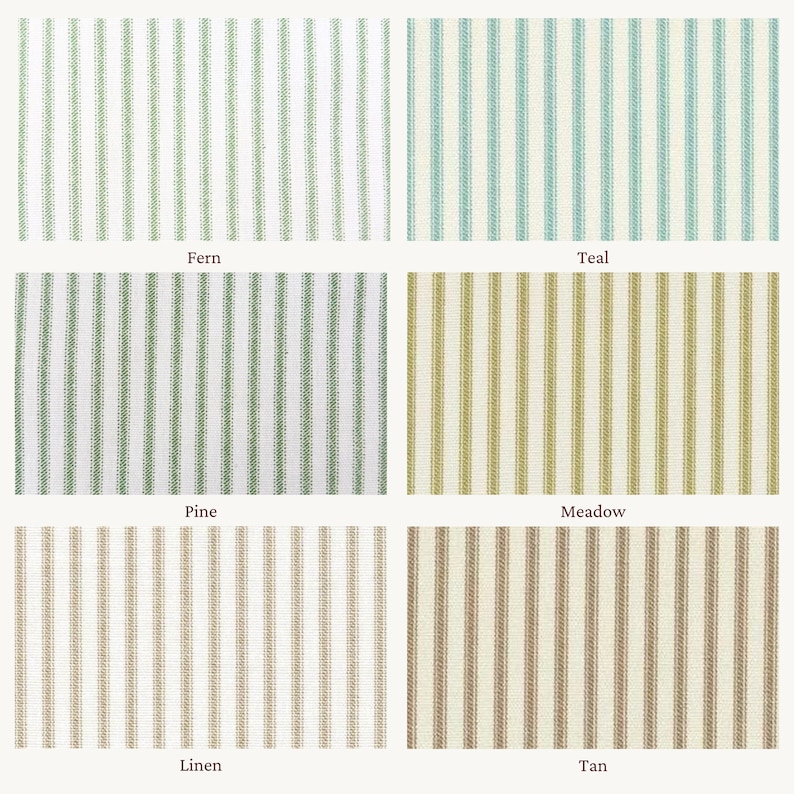 以下が含まれることがあります： Fern、Teal、Pine、Meadow、Linen、Tanとラベル付けされた、さまざまな色の縦縞模様の6つの生地見本。各見本は、ニュートラルな背景に対して、細い色の縞模様が繰り返されるパターンを表示しています。