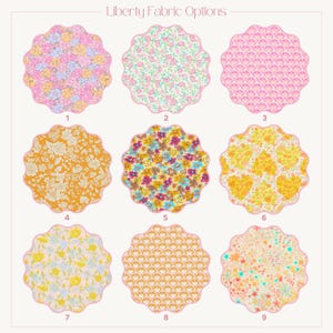 Pu&ograve; includere: Nove campioni di tessuto con disegni floreali e fantasia in vari colori, tra cui rosa, giallo, arancione e blu. I campioni sono disposti in una griglia ed etichettati con numeri. Il testo "Liberty Fabric Options" &egrave; in alto.