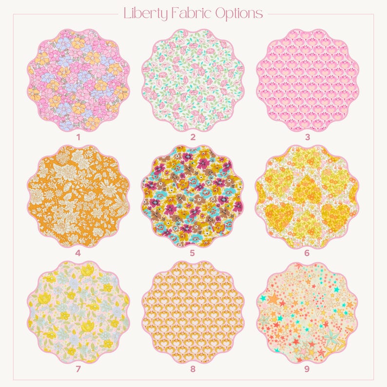Pu&ograve; includere: Nove campioni di tessuto con disegni floreali e fantasia in vari colori, tra cui rosa, giallo, arancione e blu. I campioni sono disposti in una griglia ed etichettati con numeri. Il testo "Liberty Fabric Options" &egrave; in alto.