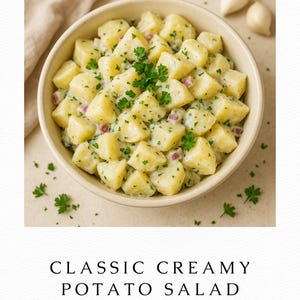 Receta imprimible de ensalada de papa clásica, guarnición cremosa para barbacoa, comida fácil para picnic, receta fácil en PDF