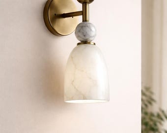 Alabaster Wall Sconce, Cone Shape Brass Wall Lamp with Alabaster Shade, Luxury Bedside Lamp, Bathroom Lights