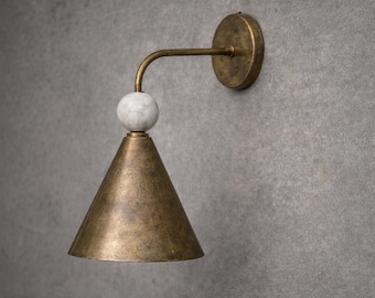 Aged Brass Wall Sconce with Marble Ball Accent, Modern Bathroom Vanity Light, Minimalist Cone Wall Lamp, Handmade Luxury Lighting