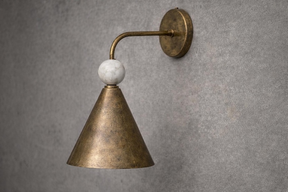 Aged Brass Wall Sconce with Marble Ball Accent, Modern Bathroom Vanity Light, Minimalist Cone Wall Lamp, Handmade Luxury Lighting