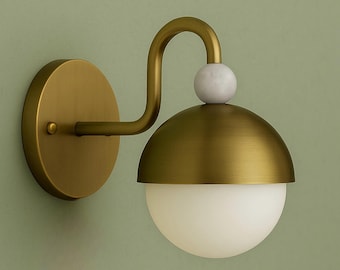 Handmade Marble Brass Wall Sconce, Frosted Glass, Mid-Century Modern