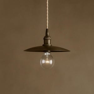 May include: A vintage-style pendant light with a bronze finish. The light fixture features a circular shade, a clear glass bulb, and a twisted white cord. The design is reminiscent of industrial lighting.