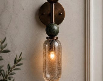 Brass Wall Sconce with Green Marble, Handmade Crackled Glass Wall Light, Modern Luxury Bathroom & Bedside Lighting