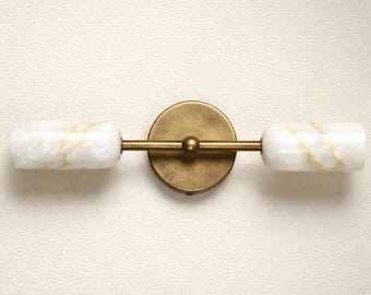Double Brass Alabaster Shade Wall Sconce, Modern Vanity Light, Over Mirror Light Fixture, Bathroom Lighting