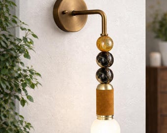 Handmade Marble Wall Sconce, Frosted Glass, Brass Accent Light
