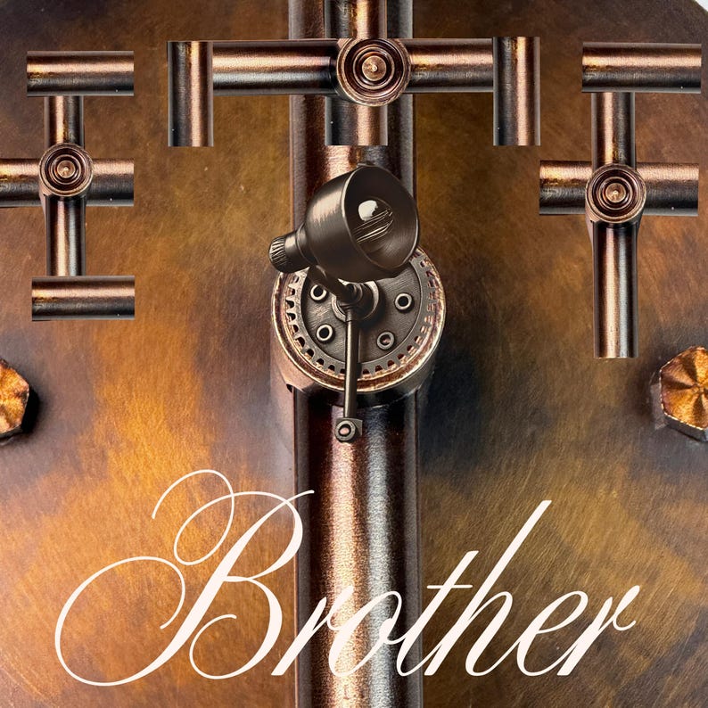 May include: Close-up of a bronze-colored metal wall fixture with three cross-shaped elements and a spotlight. The word "Brother" is written in cursive script across the bottom of the image.