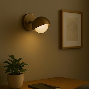 Brass Wall Sconce Light With Brass Shade and Frosted Glass, Bathroom Vanity Light, Minimal Sconce Light