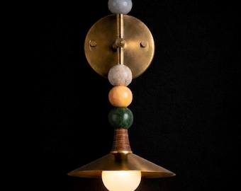 Auric Orb Wall Sconce Light, Aged Brass Wall Lamp with Marble Balls, Mid Century Modern Wall Light