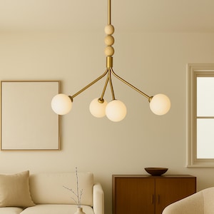 Brass Pendant Light, Handcrafted Brass Finish Chandelier Lighting, Mid Century Modern Chandelier, Frosted Glass Ceiling Light Fixture