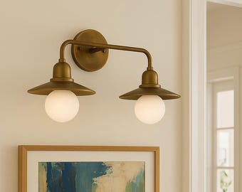 Handmade Brass Double Sconce, Frosted Glass Shade, Mid-Century Modern Wall Light