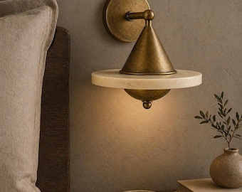 Antique Brass Cone Wall Sconce with Alabaster Disc, Mid Century Modern Wall Light, Sculptural Bedroom Hallway Lighting Fixture