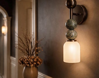 Handmade Gemstone Brass Sconce with Frosted Glass Globe, Mid Century Modern Brass Wall Light Sconce, Bedside Lamp, Bathroom Vanity