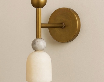 Handmade Alabaster Wall Sconce, Mid Century Modern Brass Light, Handcrafred Wall Lamp