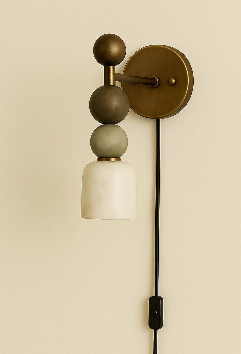 Handgjord vägglampa i alabaster, mässingslampa i mitten av århundradet med alabasterskärm, sänglampa; Sakhawy vägglampa Plug in Cord