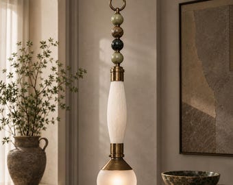 Luxury Horsehair Pendant Light, Handmade Aged Brass Hanging Lamp with Frosted Glass Globe, Brass Ceiling Light Fixture with Marble Accent