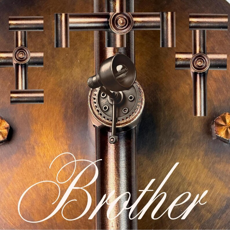 May include: An artistic, steampunk-style design featuring three metallic crosses and a central spotlight fixture. The background has a textured, bronze-like appearance. The word "Brother" is written in a cursive font across the bottom of the image.