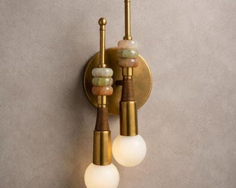 Double Marble Leather Wall Sconce Light, Modern Bedside Lamp, Mascot Aged Brass Sconce, Center Piece Lighting