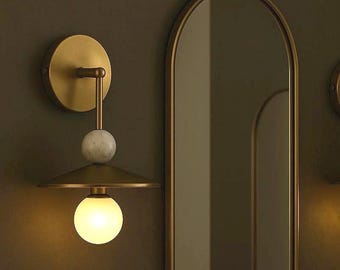 Handmade Brass Wall Sconce, Marble Accent, Mid-Century Modern Light