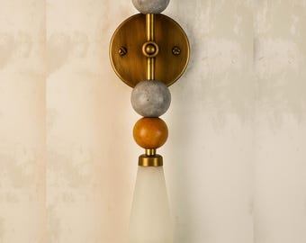 Handmade Marble Brass Wall Sconce, Frosted Glass Light