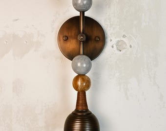 Brass Finish Wall Sconce Light, Handcrafted Wall Lamp with Marble and leather Accent