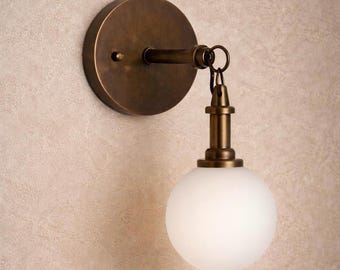 Artia Wall Sconce Light, Minimalist Brass Wall Light Sconce with Frosted Glass Shade, Handcrafted Bedside Lamp