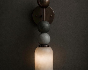 Handmade Alabaster Wall Sconce, Mid Century Modern Brass Light with Alabaster Shade, Bedside Lamp; Sakhawy Sconce