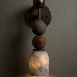 Handgjord vägglampa i alabaster, mässingslampa i mitten av århundradet med alabasterskärm, sänglampa; Sakhawy vägglampa bild 9