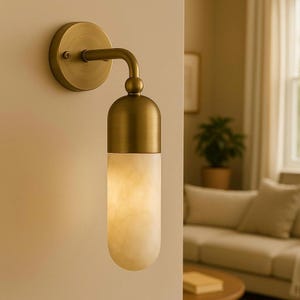 Modern Brass Finish Alabaster Stone Wall Sconce Light, Brass Wall Sconce Light, Cylinder Wall Light Sconce, Indoor Wall lamp, Hallway Sconce