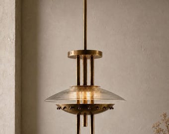 Arch Modern Aged Brass Pendant Light, Handmade Ribbed Glass Ceiling Light, Luxury Designer Hanging Lamp, Mid Century Kitchen Island Lighting