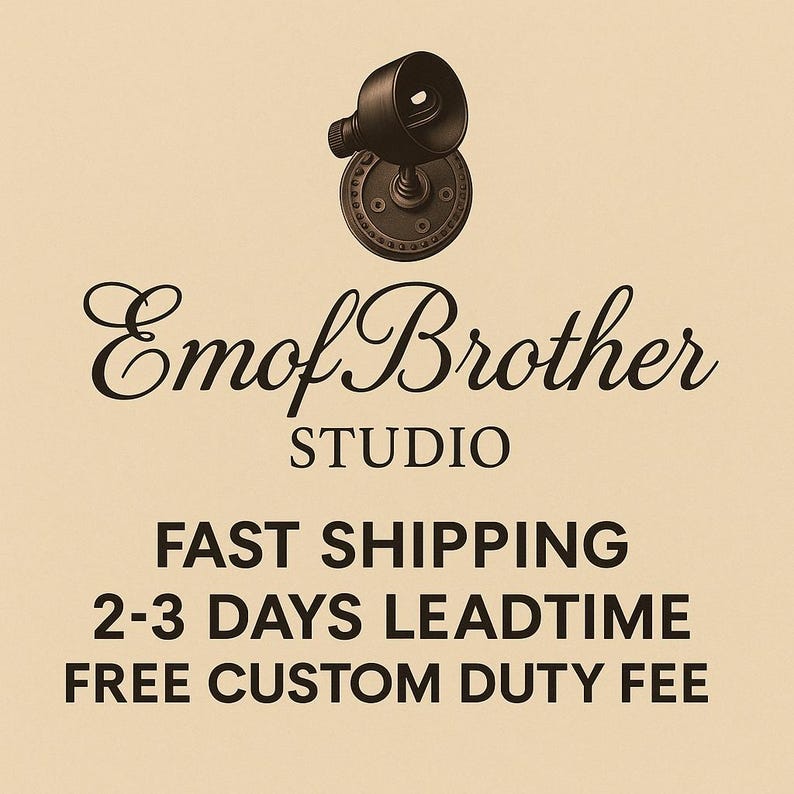 May include: A dark brown, vintage-style spotlight fixture is positioned at the top of the image. The text "Emof Brother STUDIO" is written in elegant script. Below, the text reads "FAST SHIPPING 2-3 DAYS LEADTIME FREE CUSTOM DUTY FEE."