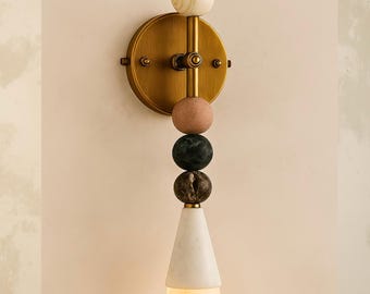 Handmade Marble Cone Wall Sconce, Brass Bathroom Light, Mid-Century Modern