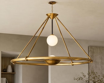 Modern Round Brass Chandelier Lighting, Handmade Luxury Dining Room Light Fixture, Contemporary Circular Pendant Light