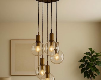 Blown Glass Pendant Chandelier Lighting, Brass Finish, Modern kitchen Island Light