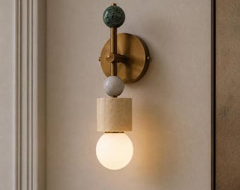 Modern Marble Wall Sconce, Travertine & Green Stone Wall Light, Aged Brass Bathroom Vanity Sconce, Luxury Bedside Lighting