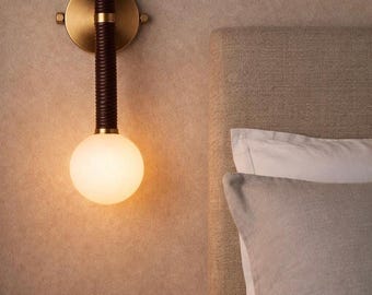 Handcrafted Brass Wall Sconce Leather Accent, Bedside Lamp, Bathroom Lighting