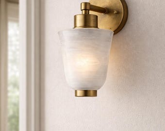 Handmade Vintage Brass Wall Sconce, Frosted Glass Shade, Minimalist Lighting Bedside Lamp