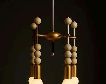 Modern Brass Pendant Light, Handmade Chandelier Lighting, Marble Accents, Art Deco Style