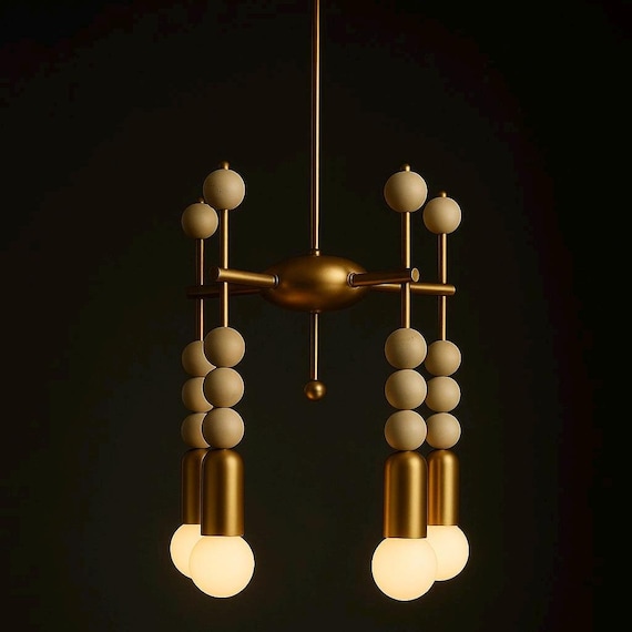 Modern Brass Pendant Light, Handmade Chandelier Lighting, Marble Accents, Art Deco Style