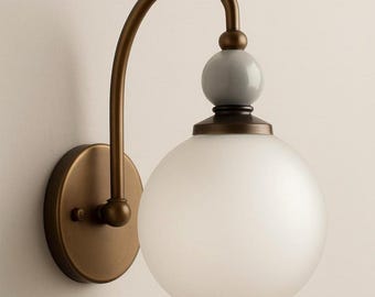 Handmade Brass Wall Sconce Lighting with Frosted Glass Globe, Bedside Lamp