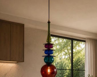 Handblown Glass Pendant Lamp – Sculptural Amber, Blue, Teal Hanging Light