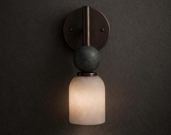 Minimalist Alabaster Wall Sconce, Brass Wall Lamp with Alabaster Shade, Mid Century Modern