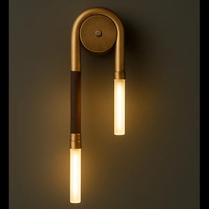 Op de afbeelding: Een wandlamp met een ronde messing basis en een U-vormige arm. Eén kant van de arm bevat een donkerbruin houten segment, terwijl beide uiteinden eindigen in verticale, cilindrische, matglazen buizen die een warm licht uitstralen.