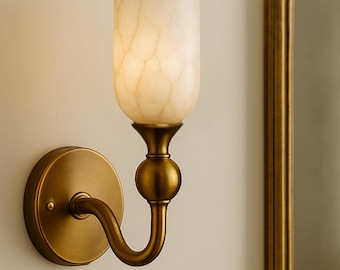 Handmade Alabaster Wall Sconce, Brass Mid-Century Light, Vicotian Style Sconce Lamp