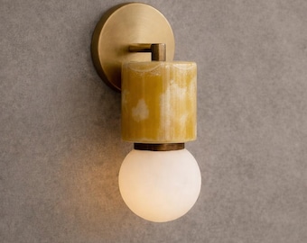 Brass Wall Sconce with Onyx Stone, Modern Luxury Vanity Wall Light with Frosted Glass Globe