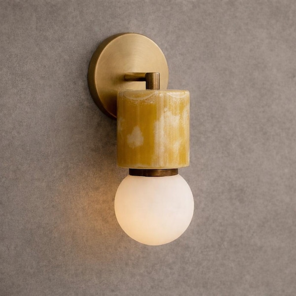 Brass Wall Sconce with Onyx Stone, Modern Luxury Vanity Wall Light with Frosted Glass Globe
