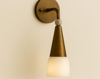 Handmade Alabaster Brass Wall Sconce, Mid-Century Modern Light