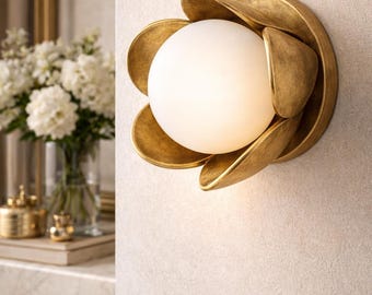 Handmade Floral Brass Wall Sconce with Frosted Glass Globe, Modern Flower Design Wall Light, Luxury Bedroom & Living Room Lighting